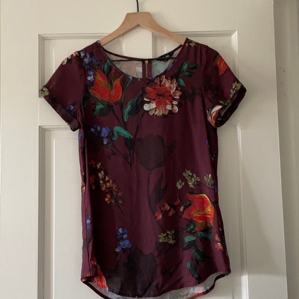 Silky Plum Watercolor Floral Short Sleeve Blouse